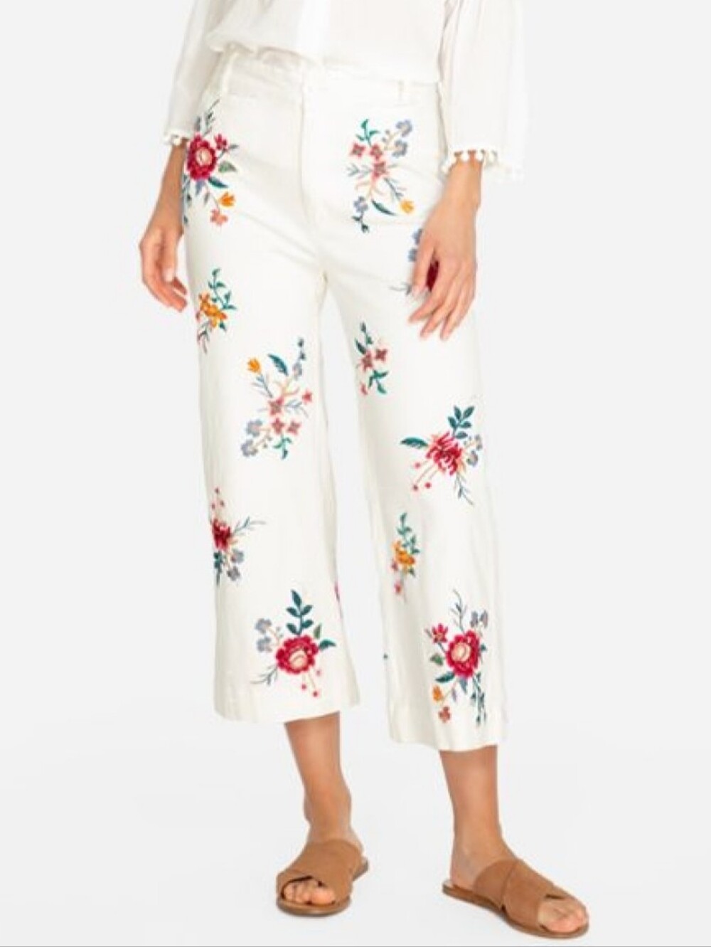 Johnny Was Veronique White Wide Bagged Embroidered Floral Women’s Jeans Size XL